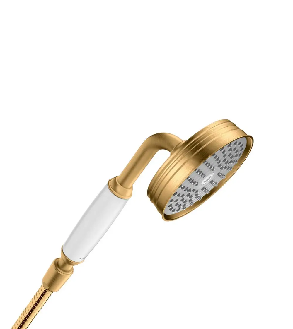 Handbrause mit rundem Kopf in gebürstetem Messing, mit einer weißen Griffoberfläche. Gehörend zur AXOR Produktlinie.